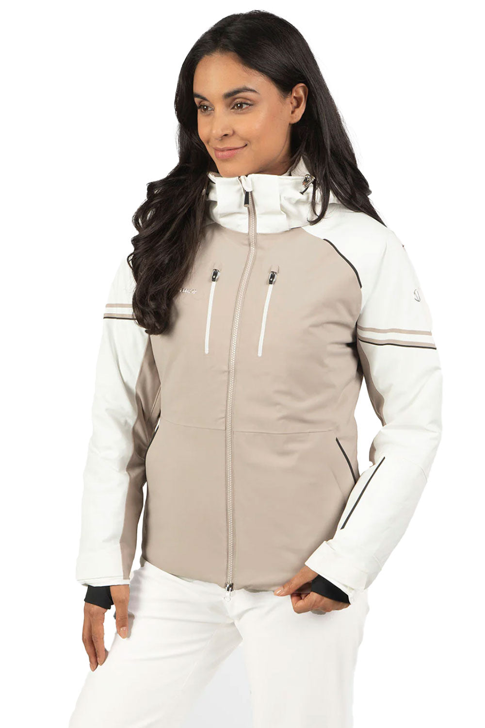 Woman wearing a beige and white jacket on a white background