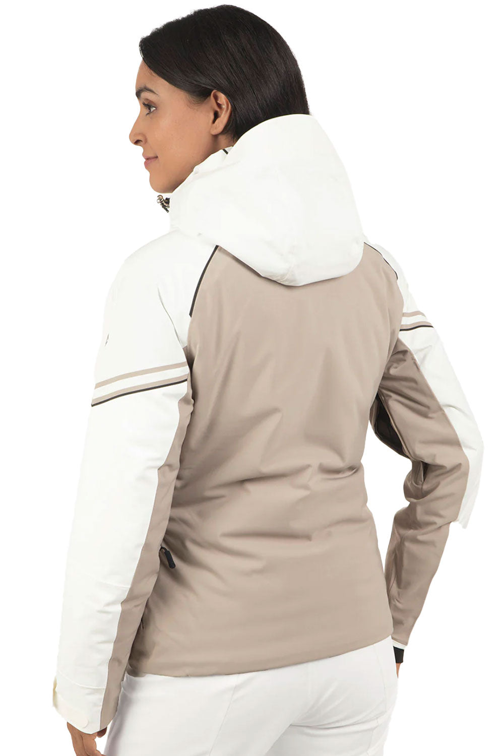 Woman wearing a beige and white jacket with a hood on a white background