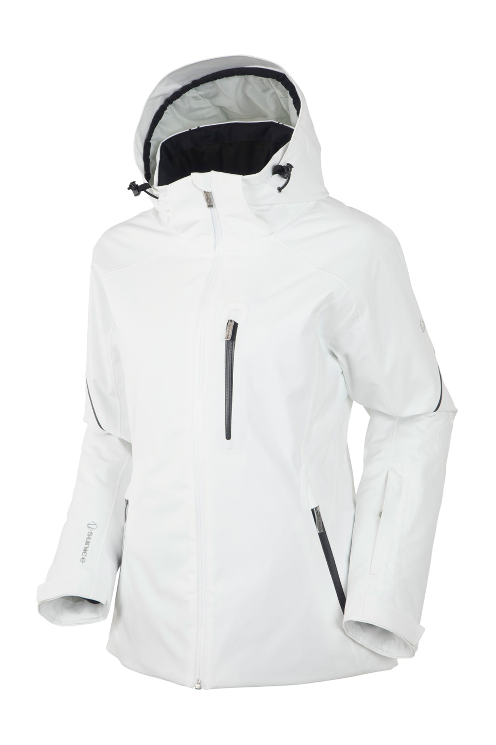 White ski jacket with a hood on a white background