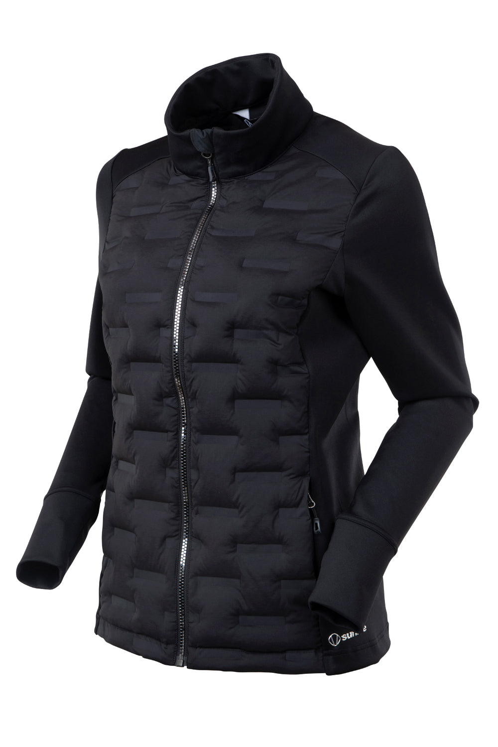 Black puffer midlayer jacket on a white background