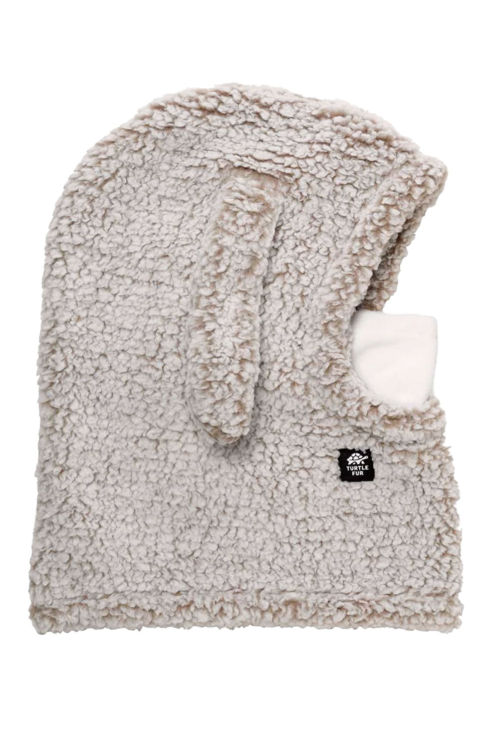 Fuzzy beige hood with a white interior on a white background