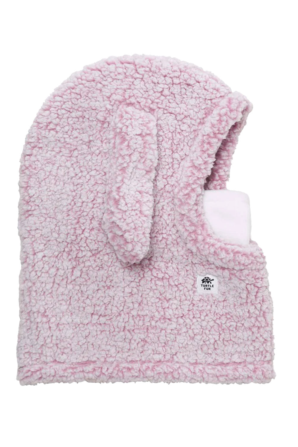 Pink fleece balaclava with a brand logo on a white background