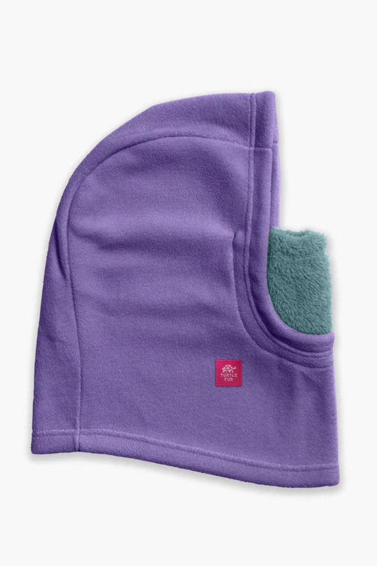 Purple fleece balaclava with a green patch on a white background