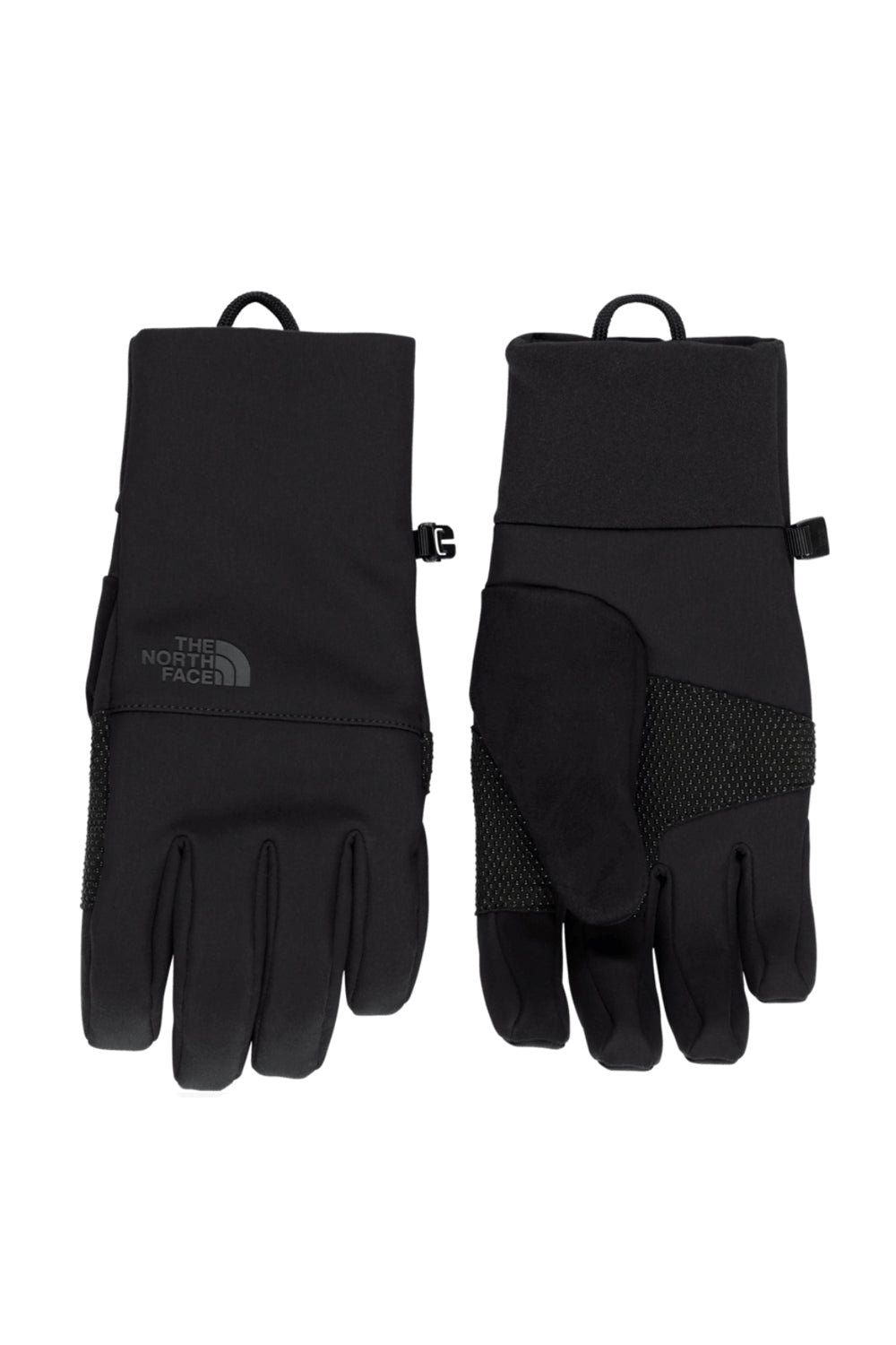 Black gloves with The North Face logo on a white background