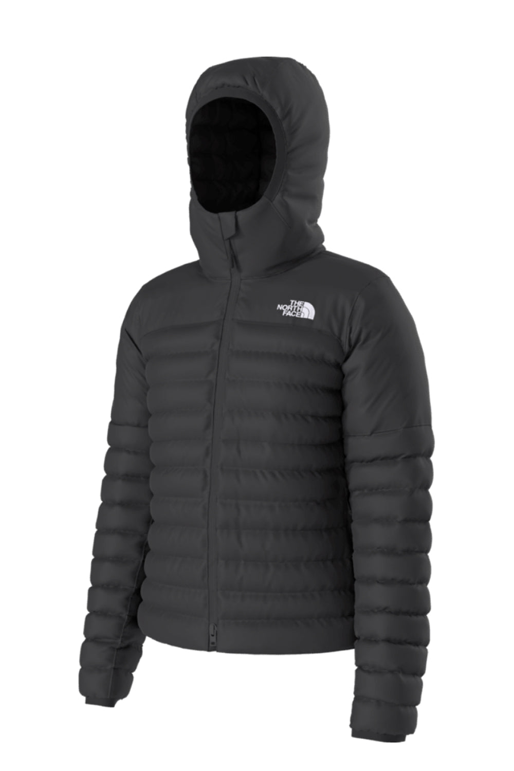 Black puffer jacket with The North Face logo on a white background
