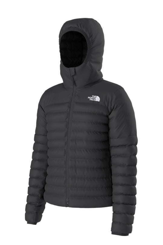 Black puffer jacket with The North Face logo on a white background
