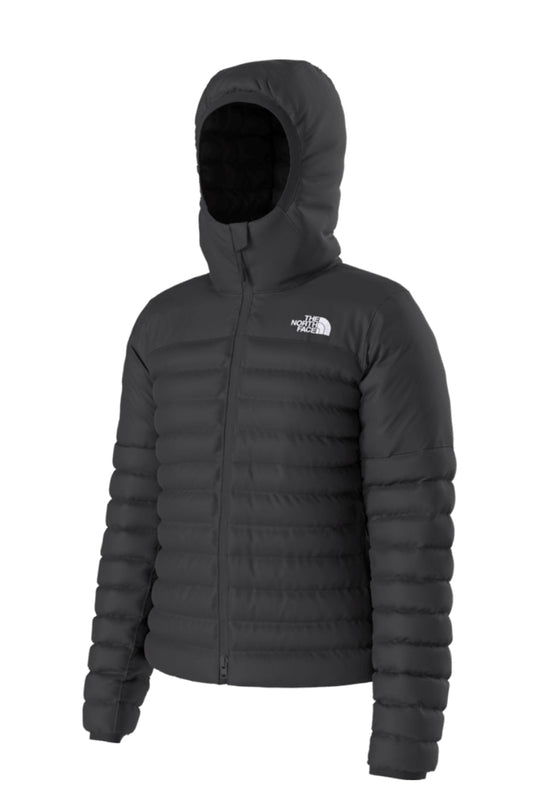 Black puffer jacket with The North Face logo on a white background