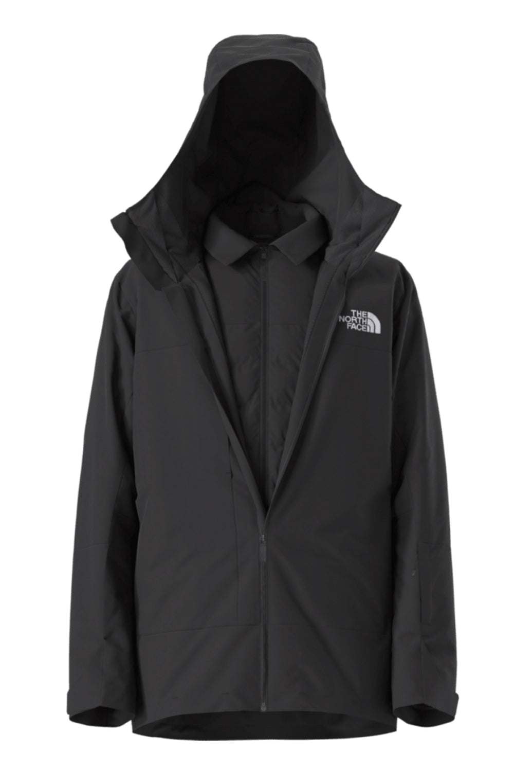 Black North Face jacket with hood on a white background