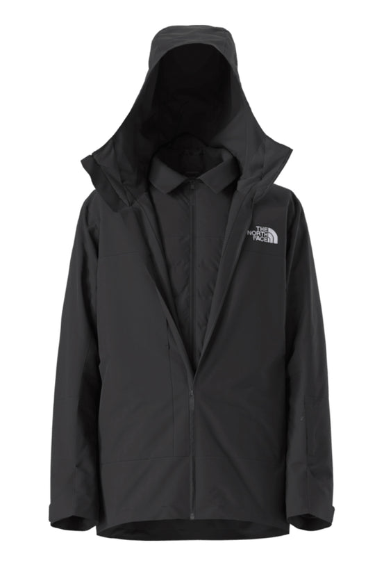 Black North Face jacket with hood on a white background