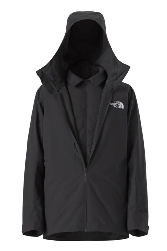 Black North Face jacket with hood on a white background
