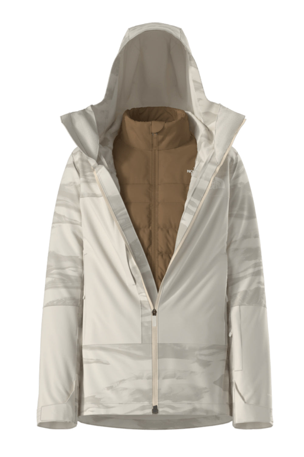 Light colored North Face ski jacket with a hood on a white background