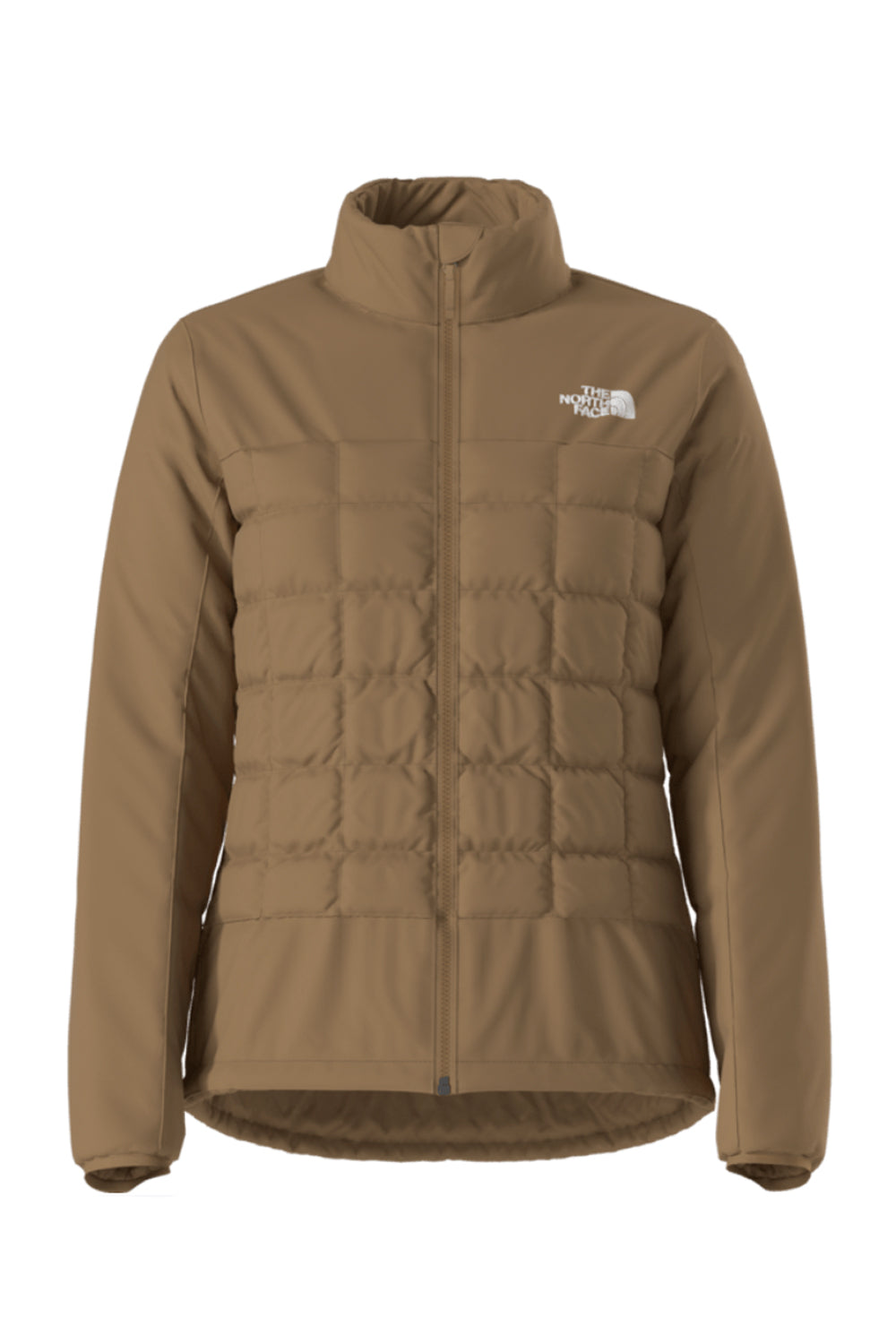 Brown puffer jacket with The North Face logo on a white background
