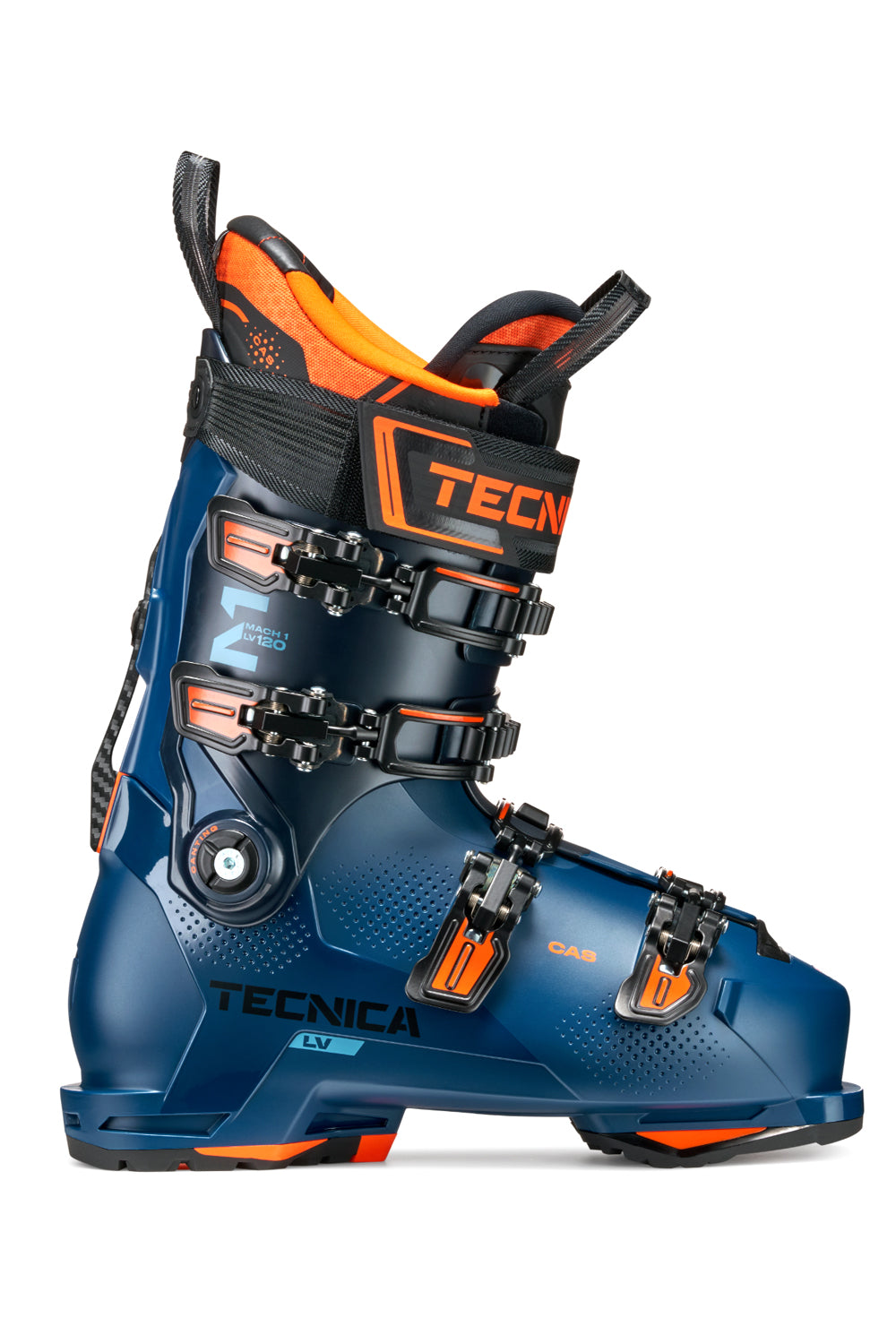 Blue and orange Tecnica ski boot on a white background