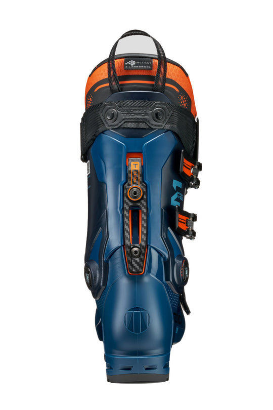 Blue and orange ski boot on a white background