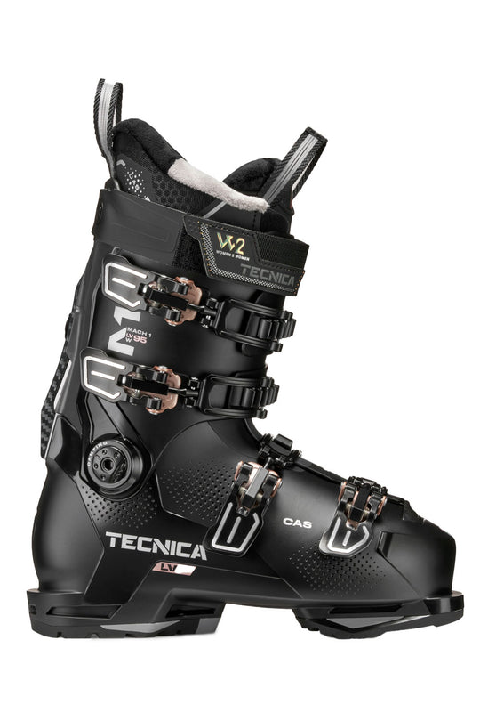 Black Tecnica ski boot on a white background
