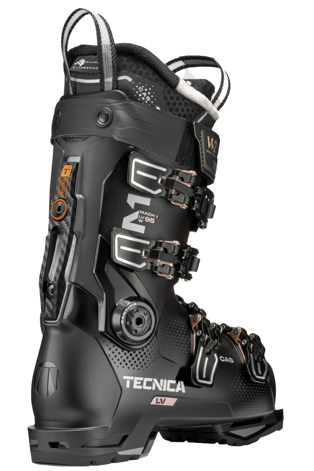 Black Tecnica ski boot on a white background