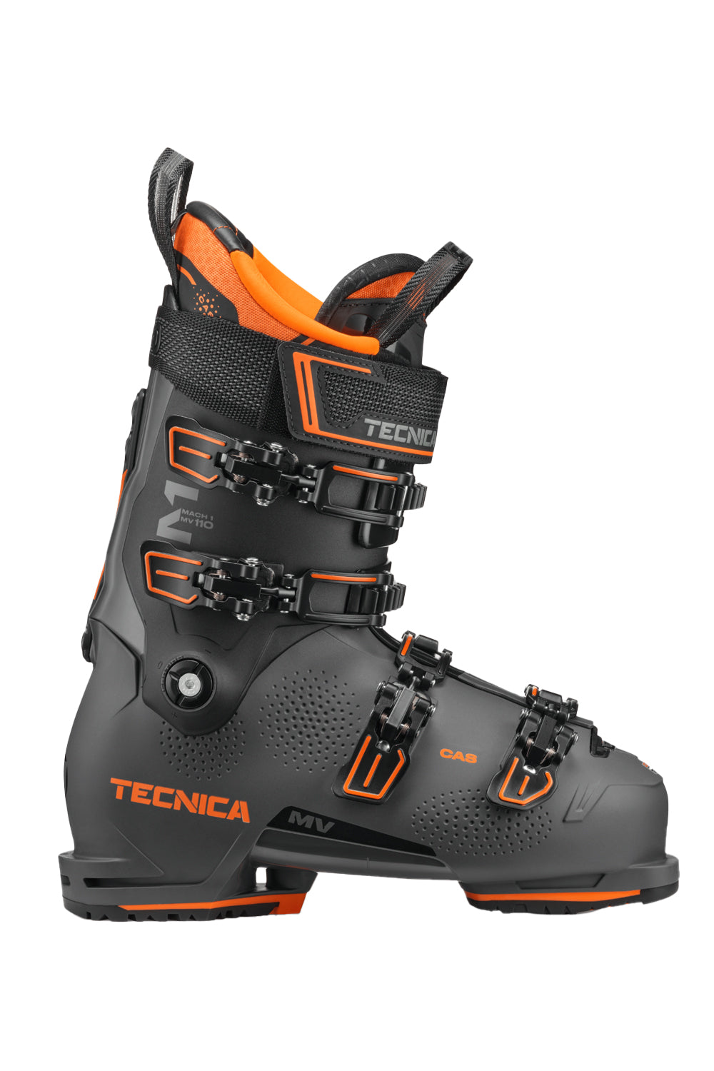 Gray and orange Tecnica ski boot on a white background