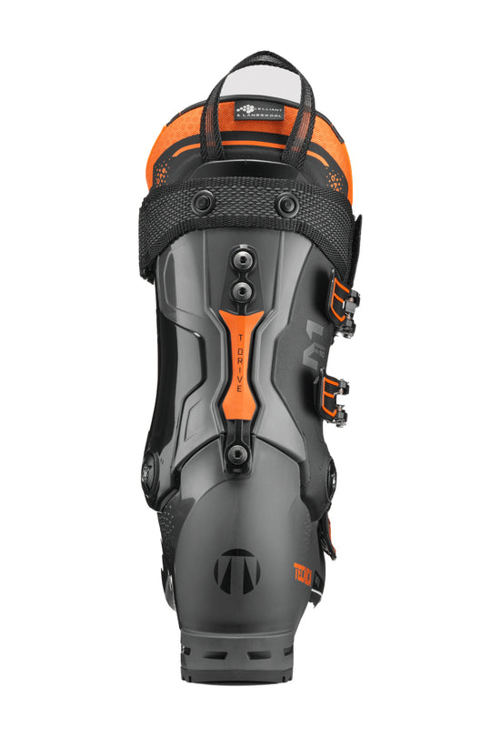 Gray and orange ski boot on a white background
