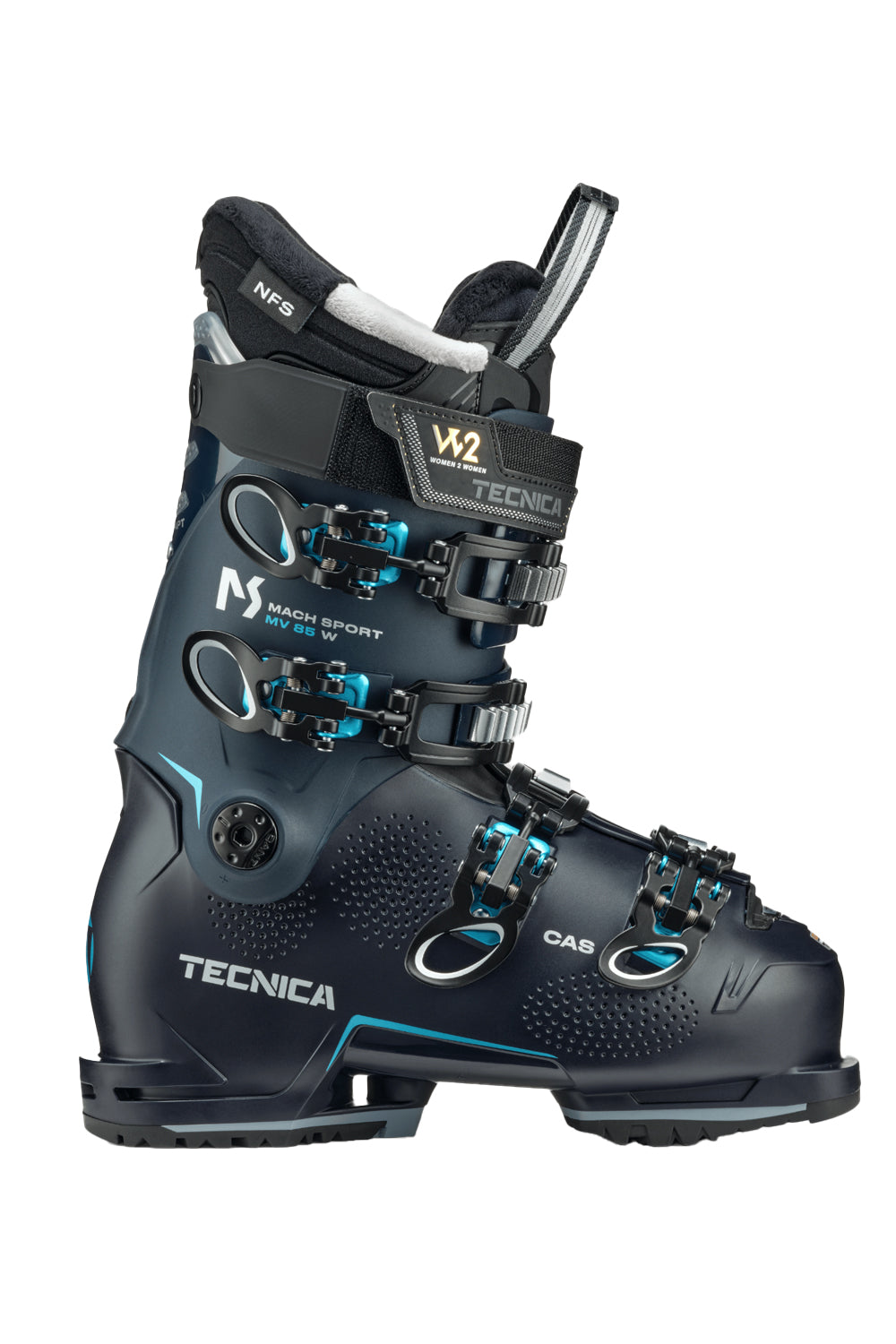 Tecnica ski boot with black and blue design on a white background