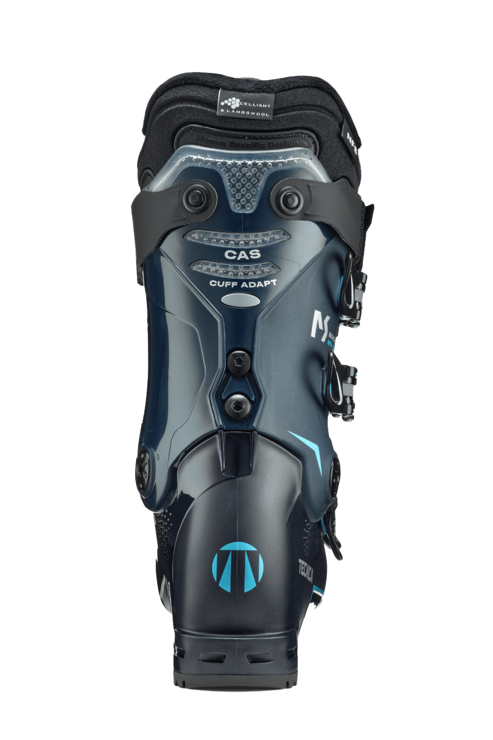 Black and blue ski boot with visible branding on a white background