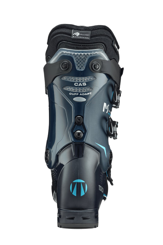 Black and blue ski boot with visible branding on a white background