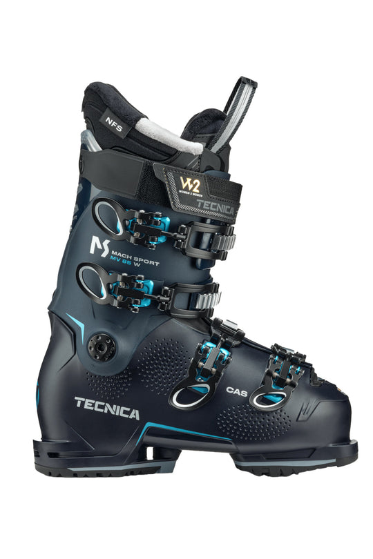Tecnica ski boot with black and blue design on a white background