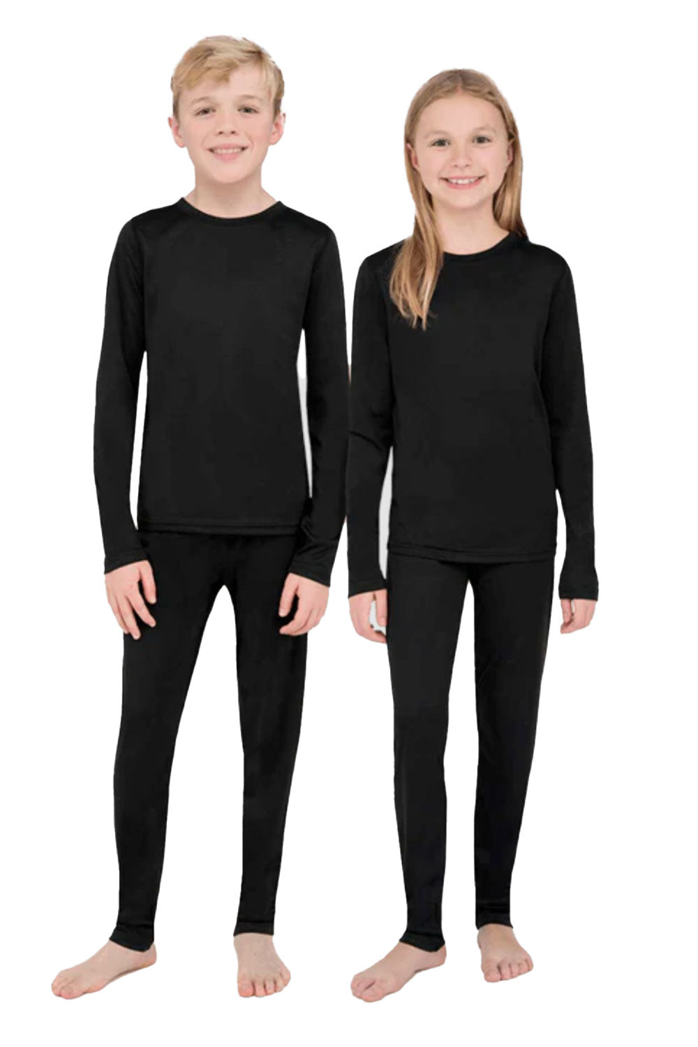 Two children wearing black long-sleeve shirts and pants on a white background