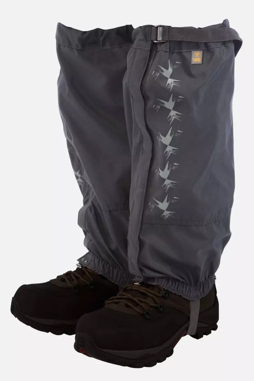 Gray gaiters with white designs on a white background