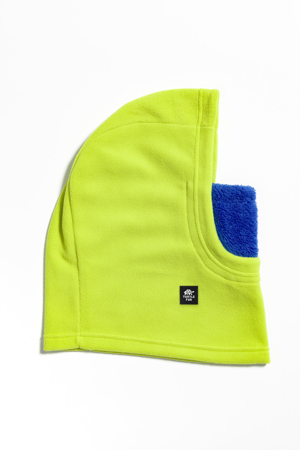 Lime green balaclava with blue interior on a white background