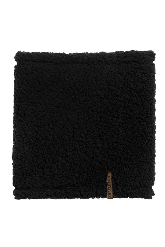 Black sherpa neck gaiter with a brand logo on a white background