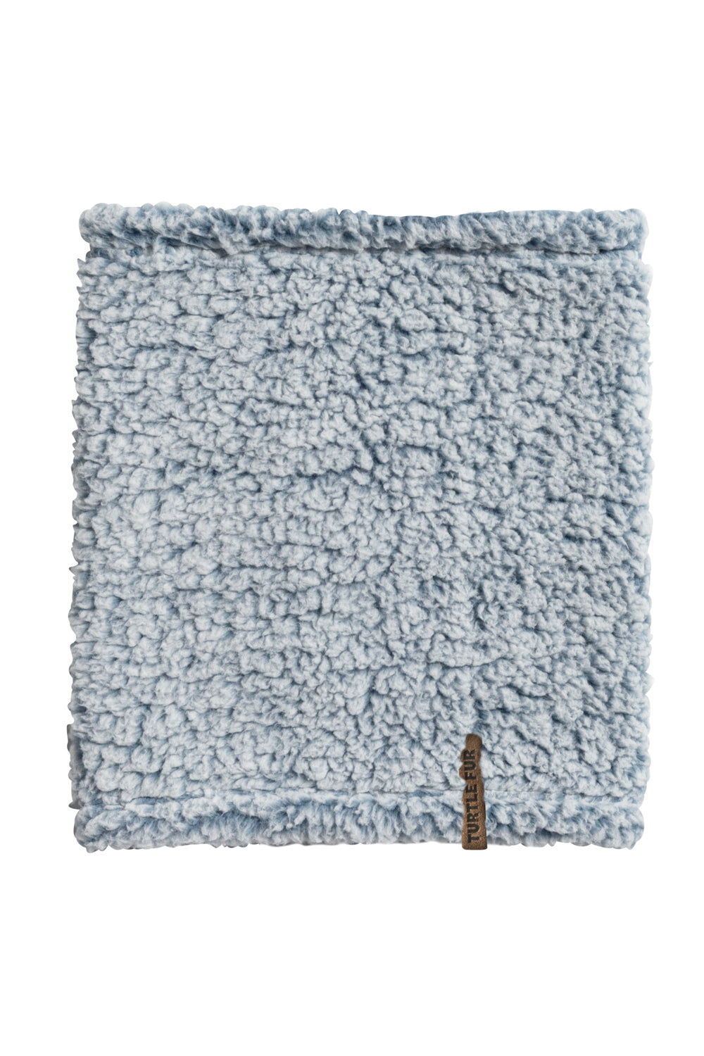 Textured blue neck gaiter with a brand logo on a white background