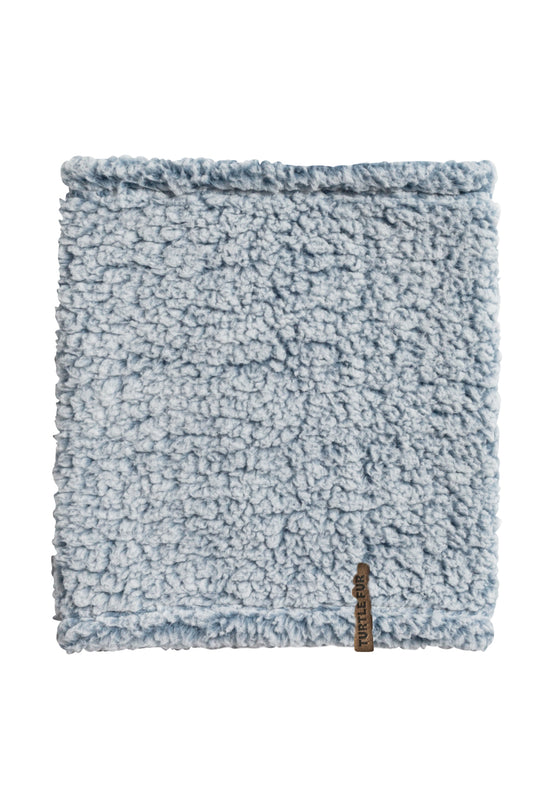 Textured blue neck gaiter with a brand logo on a white background