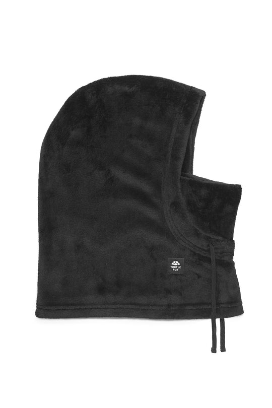 Black fleece hood with drawstrings on a white background