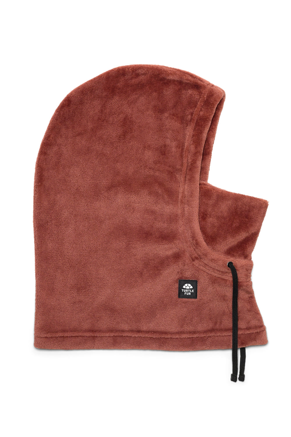 Brown fleece hood with a black drawstring on a white background