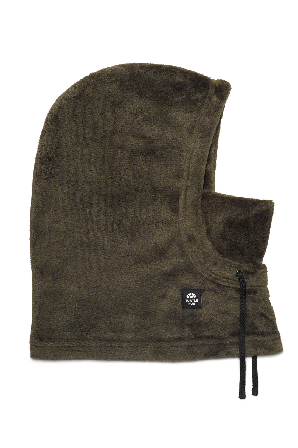 Olive green fleece balaclava with a brand logo on a white background