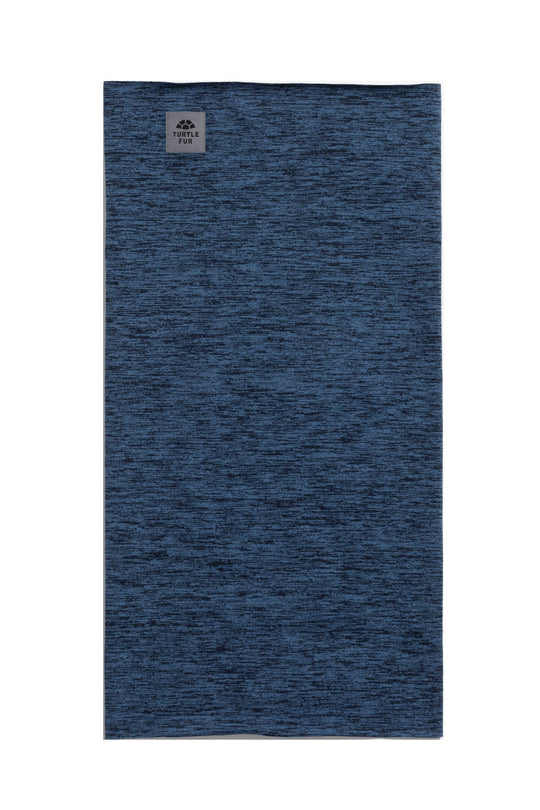 Blue neck gaiter with a brand logo on a white background