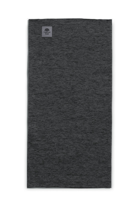 Dark gray neck gaiter with a brand logo on a white background