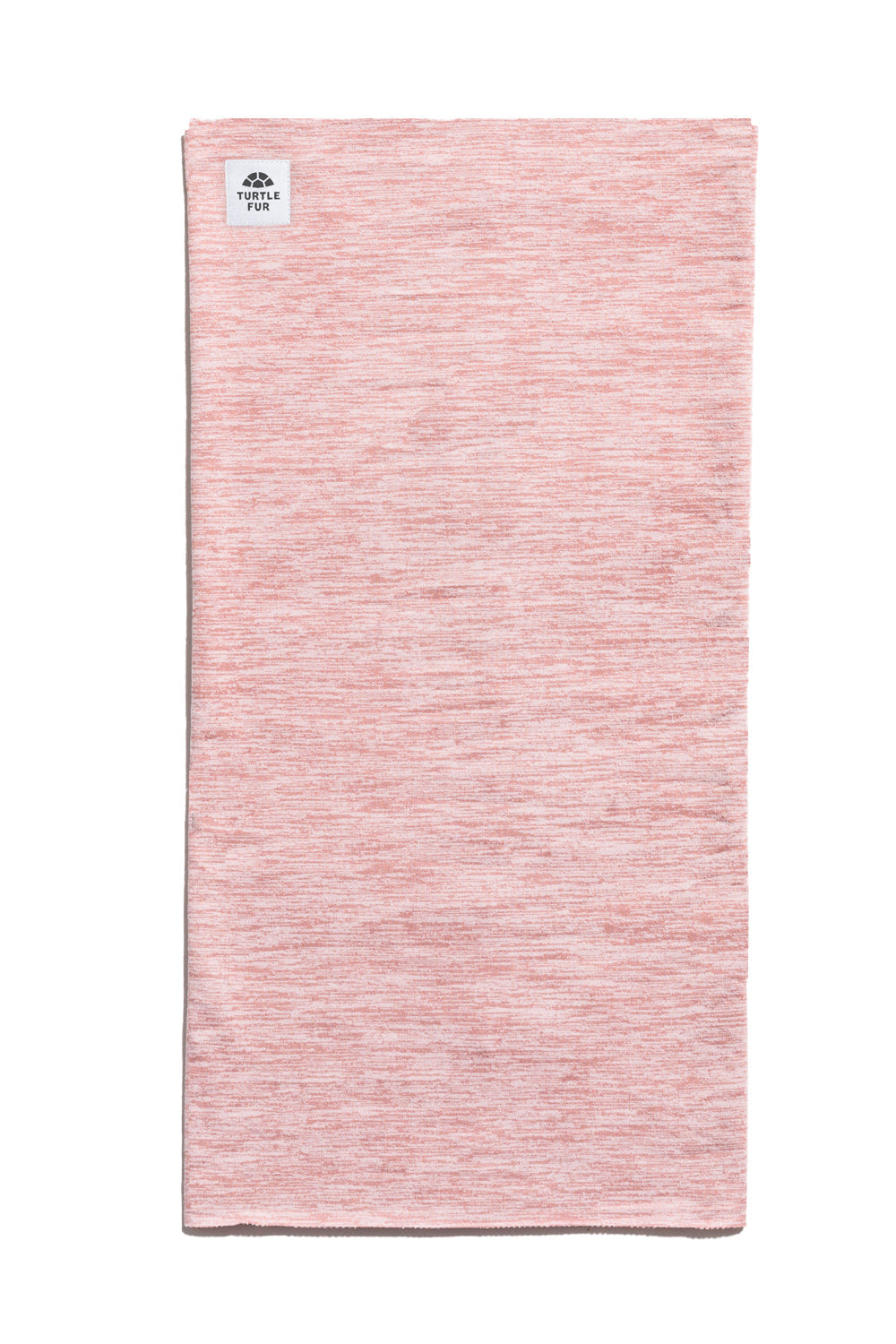Pink neck gaiter with a brand label on a white background