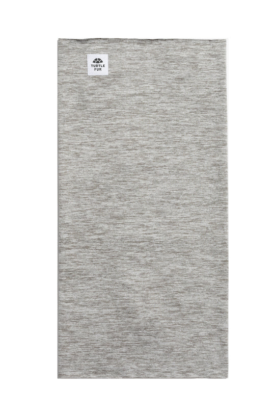 Gray neck gaiter with a brand logo on a white background