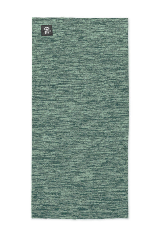 Green neck gaiter with a brand logo on a white background