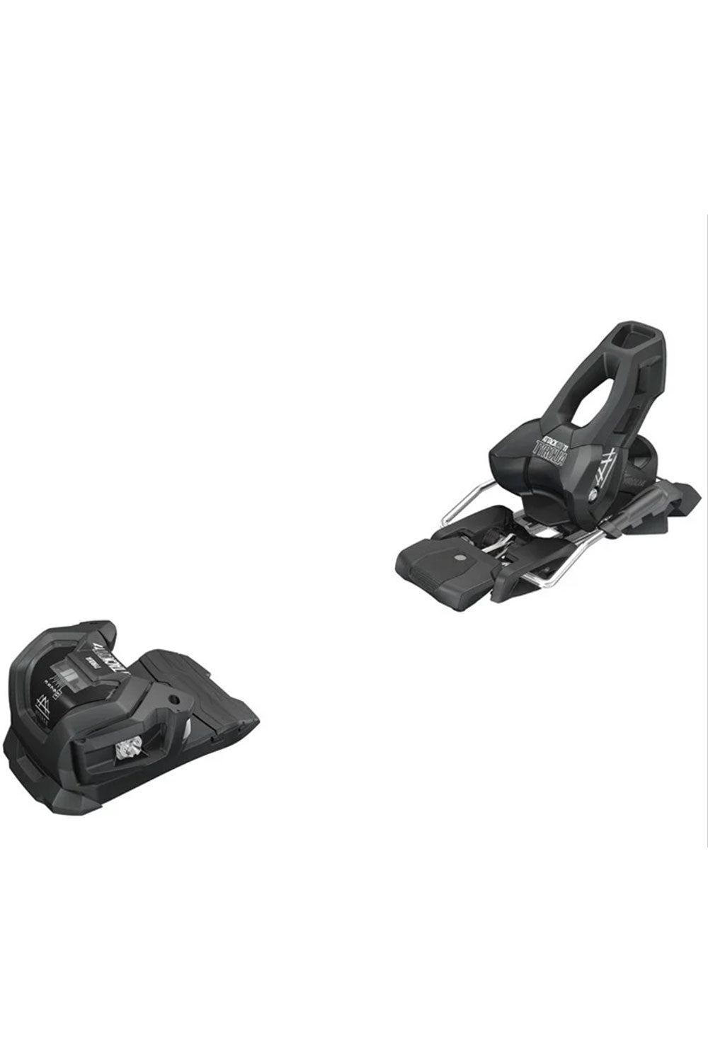 Two black ski bindings on a white background