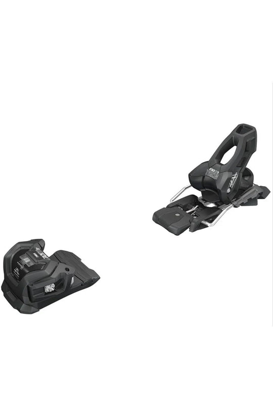 Two black ski bindings on a white background