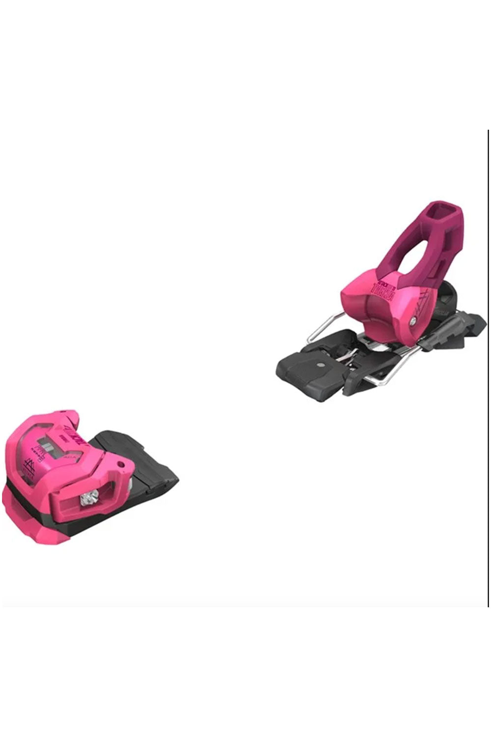 Pink ski bindings on a white background