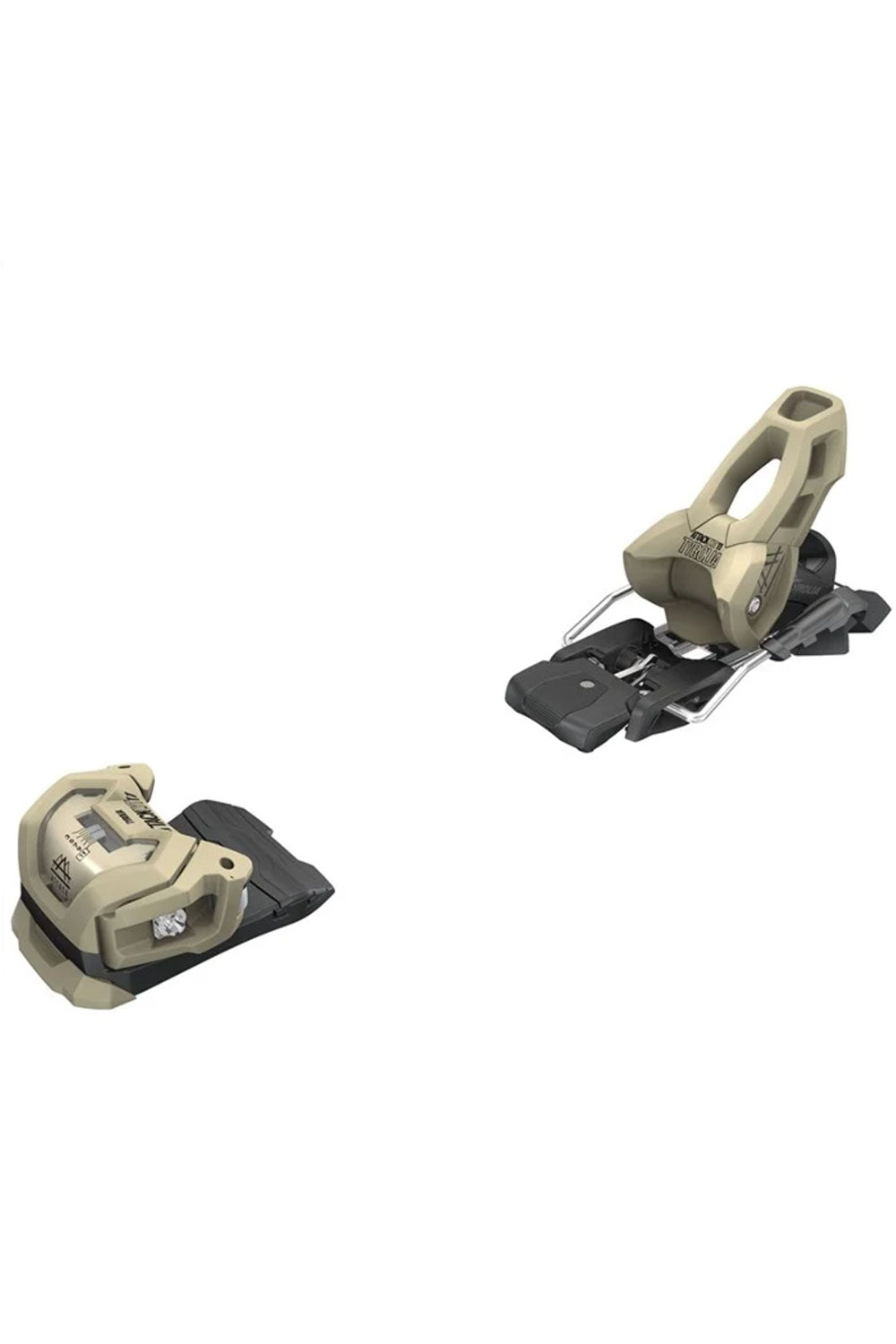 Pair of beige and black ski bindings on a white background