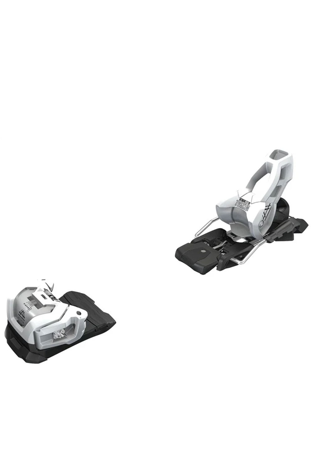 Pair of ski bindings on a white background