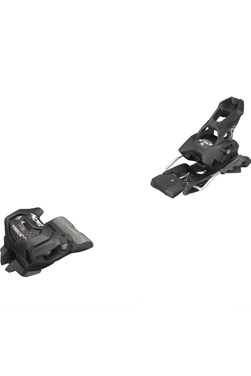Two black ski bindings on a white background