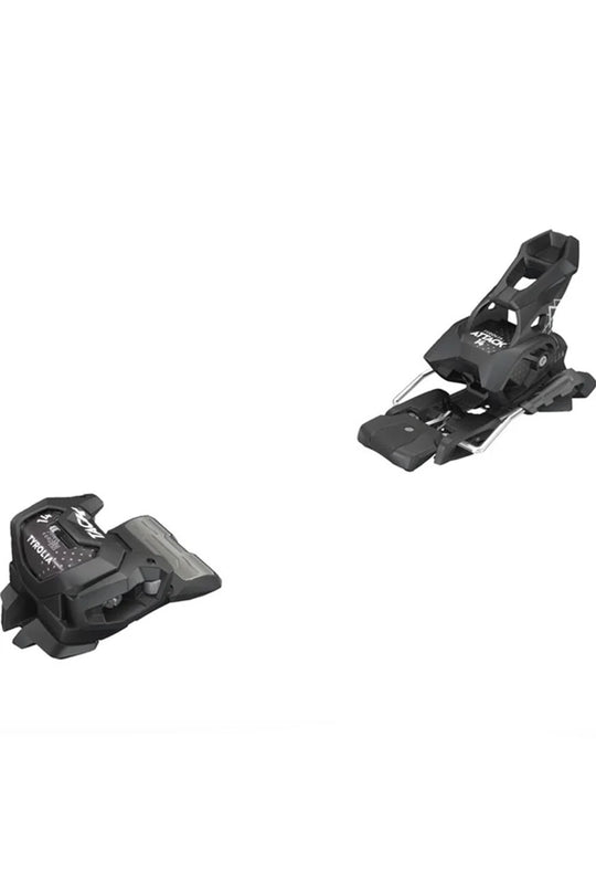 Two black ski bindings on a white background