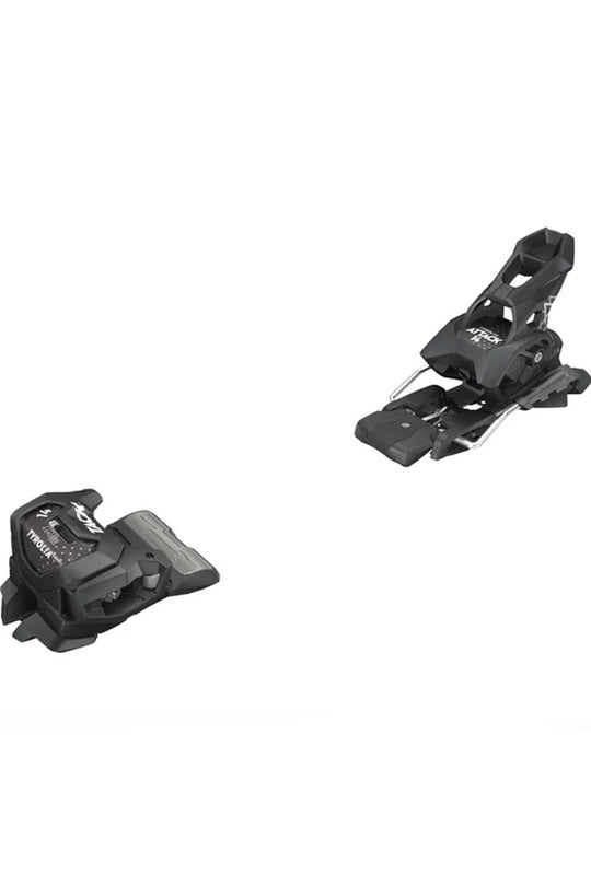 Two black ski bindings on a white background