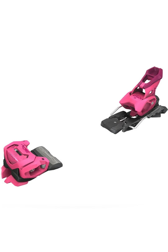 Two pink ski bindings on a white background
