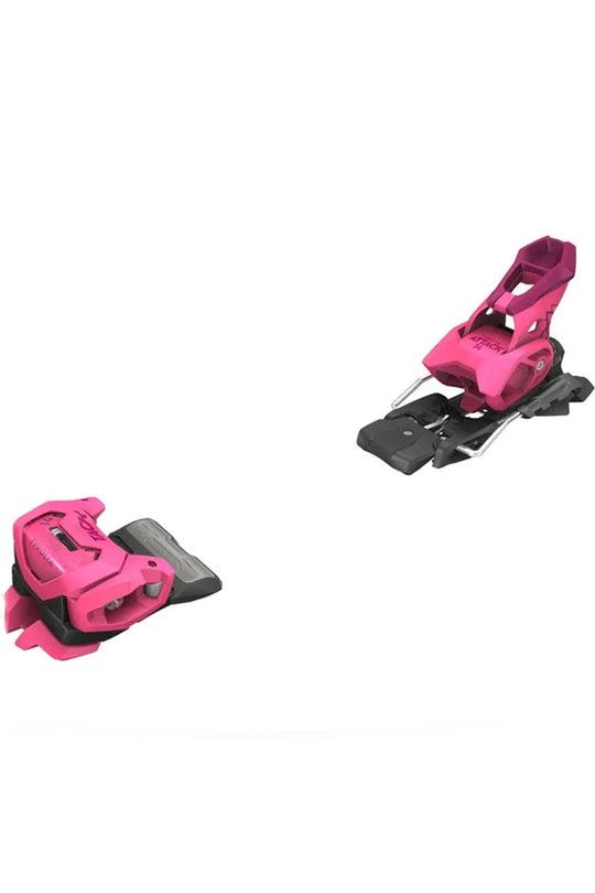 Two pink ski bindings on a white background